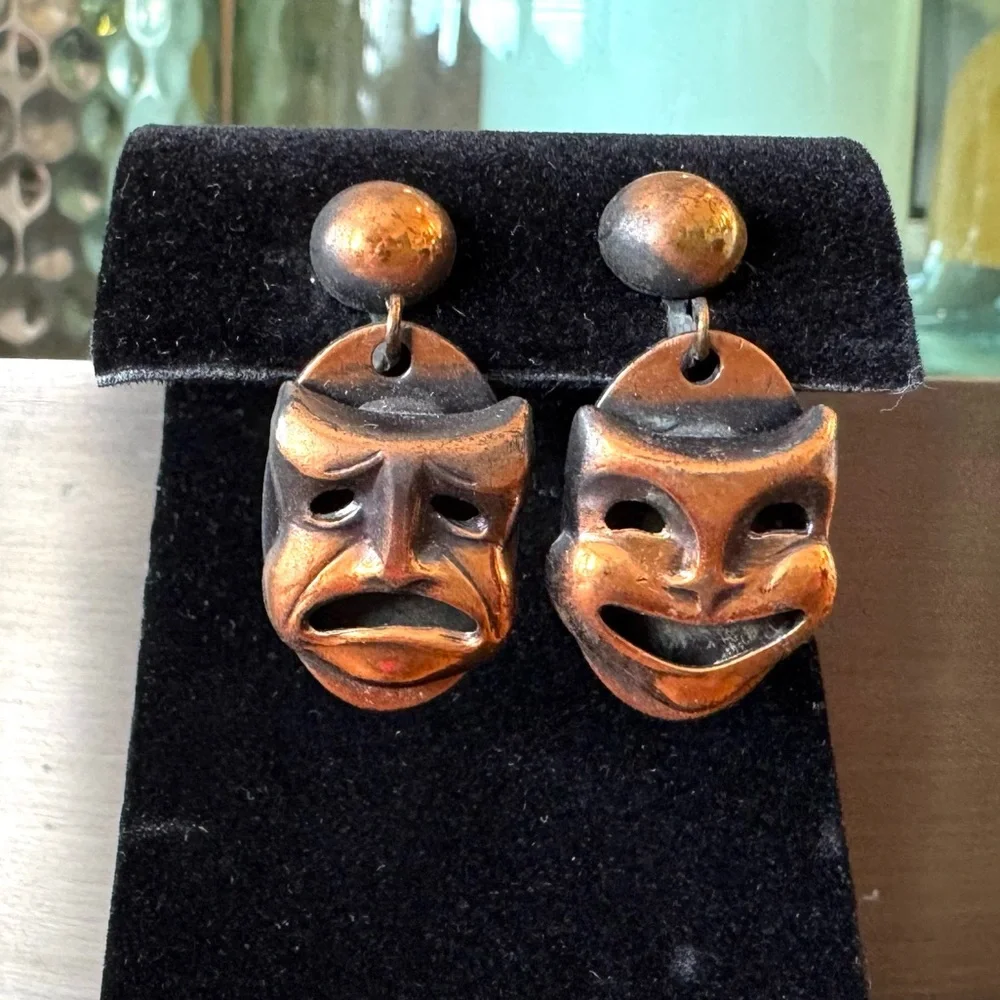 Vintage Copper Comedy and Tragedy Mask Earrings